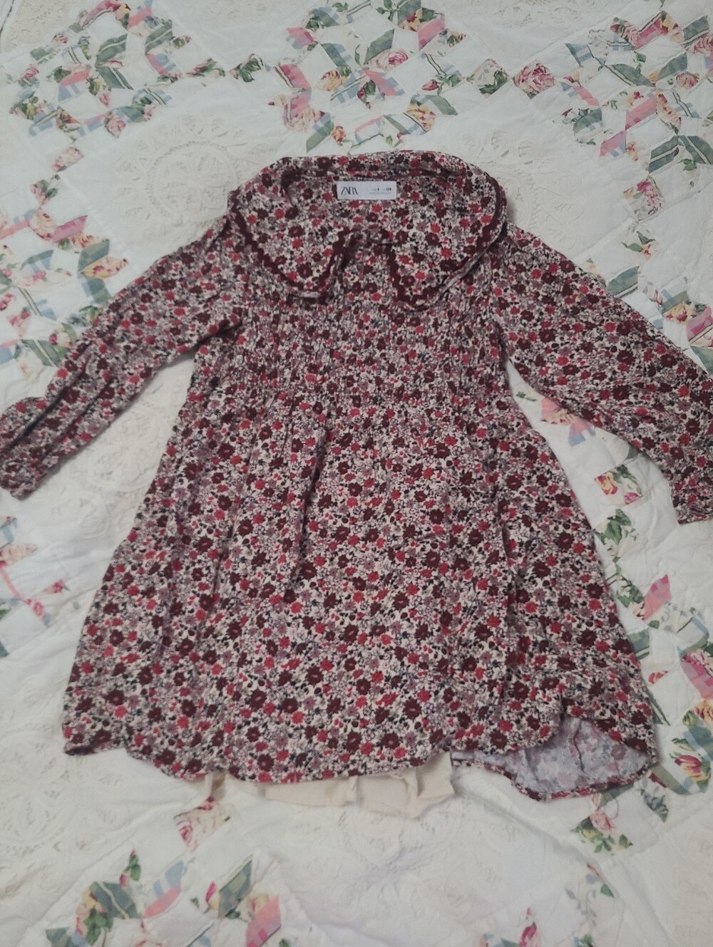 Zara Girls Burgundy and Cream Floral Long Sleeve Dress Smocked Chest